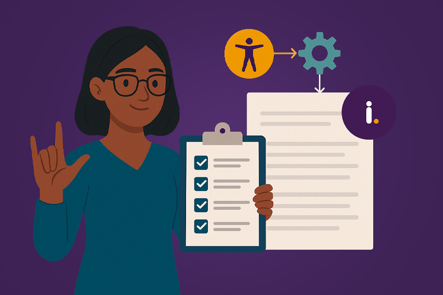 Na ilustração tem uma mulher com prancheta na mão fazendo check-list, servindo como exemplo, como se estivesse em um treinamento corporativo. Ao lado tem uma figura de um corpo dentro de um círculo amarelo e ao lado o símbolo de uma engrenagem. A imagem é ilustrativa para o blog post que aborda acessibilidade em treinamentos corporativos..