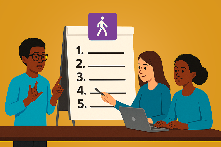 Na imagem, duas mulheres e um homem estão reunidos para ilustrar acessibilidade em treinamentos corporativos. Eles estão em uma cena como se estivessem em um treinamento corporativo, posicionados em frente a um quadro onde revisam conteúdo com acessibilidade.