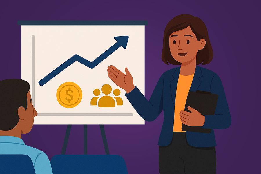 Na imagem, uma mulher aponta a mão direita para o quadro onde apresenta resultados para ilustrar os benefícios de ter acessibilidade em treinamentos corporativos.