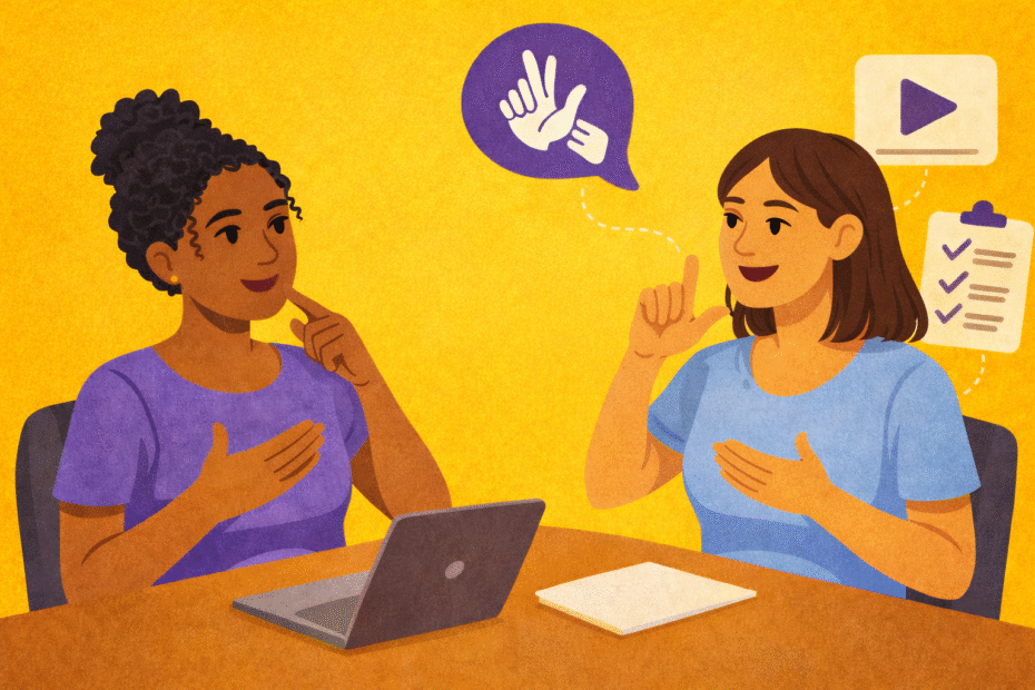 No card tem duas mulheres conversando em Libras assentadas como se estivessem em uma sala de reuniões para ilustrar como incluir Libras no dia a dia das empresas.