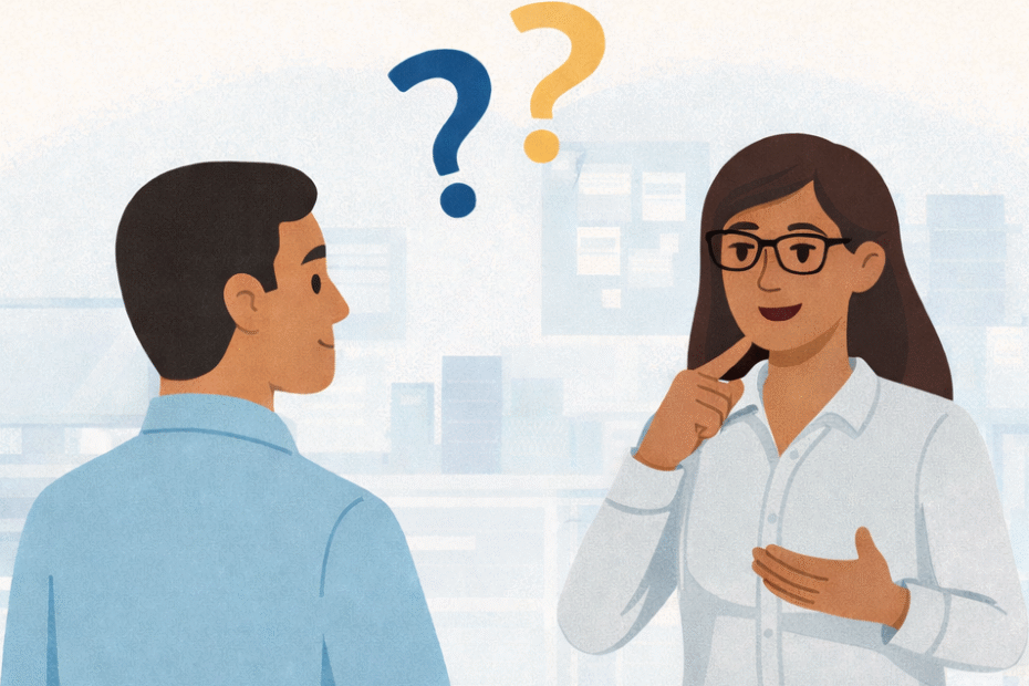 Imagem para ilustrar texto do blog sobre como empresas podem se preparar para receber colaboradores surdos. Na imagem, há duas pessoas em ambiente corporativo. À esquerda, um homem de perfil, usando camisa azul, observa a mulher à sua frente. À direita, uma mulher de cabelos longos e óculos, vestindo camisa social clara, faz um gesto com uma das mãos próxima ao rosto e a outra na altura do peito, representando comunicação em Libras. Acima deles, dois pontos de interrogação, um azul e um amarelo, simbolizam dúvida ou questionamento. O fundo apresenta formas suaves que remetem a um escritório.