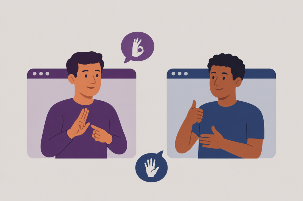 Imagem tipo ilustração em estilo plano (flat design) sobre fundo cinza-claro. Dois homens aparecem em janelas que simulam telas de videochamada no computador, comunicando-se em Libras. À esquerda, um homem de pele clara e camiseta roxa gesticula com as mãos; acima dele, um balão de diálogo roxo exibe o ícone de uma mão fazendo o sinal de "Ok". À direita, um homem negro de cabelos cacheados e camiseta azul sorri enquanto sinaliza com um polegar para cima; abaixo de sua janela, um balão de diálogo azul exibe o ícone de uma mão aberta com os dedos estendidos. A finalidade dessa imagem é ilustrar o conteúdo do blog sobre intérpretes de Libras nas empresas.