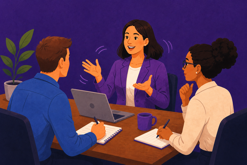 Ilustração de uma reunião de trabalho com três pessoas ao redor de uma mesa, enquanto uma delas se comunica com gestos de mãos e as outras acompanham e fazem anotações.