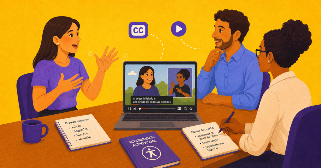Ilustração de uma equipe reunida para revisar a acessibilidade de um vídeo, exibido em um notebook com janela de Libras e legendas, enquanto os participantes discutem e fazem anotações.