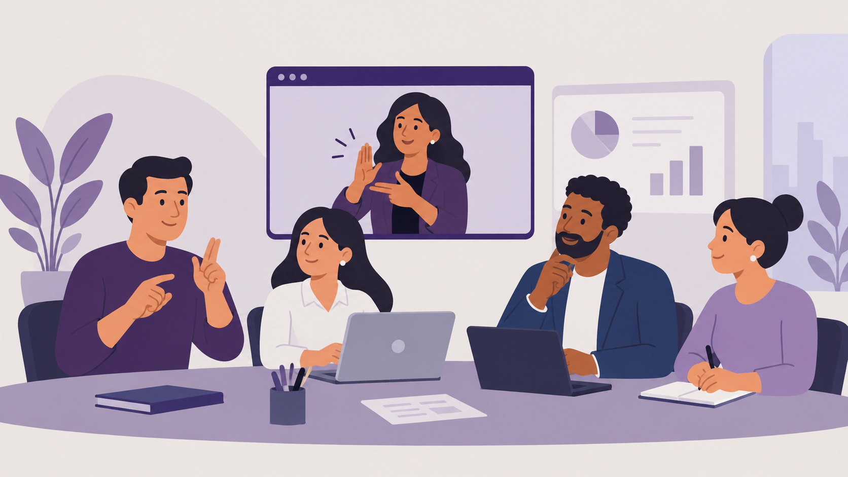 Ilustra&ccedil;&atilde;o de uma reuni&atilde;o corporativa inclusiva. Quatro profissionais est&atilde;o reunidos em torno de uma mesa com notebooks e materiais de trabalho, enquanto uma int&eacute;rprete de Libras aparece em uma tela ao fundo, sinalizando. Um dos participantes tamb&eacute;m sinaliza durante a conversa. O ambiente tem elementos de escrit&oacute;rio, gr&aacute;ficos e plantas, em tons de roxo, azul e lil&aacute;s.
