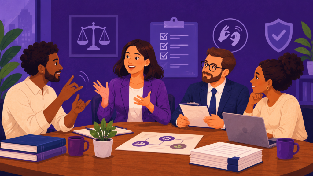 Ilustração de uma reunião corporativa sobre acessibilidade em Libras. Quatro profissionais estão reunidos em torno de uma mesa com documentos, notebook e materiais de trabalho. Um homem sinaliza em Libras enquanto os demais acompanham a conversa. Ao fundo, aparecem ícones de balança da Justiça, checklist, comunicação em língua de sinais e conformidade, reforçando a relação entre acessibilidade, legislação e ambiente de trabalho.