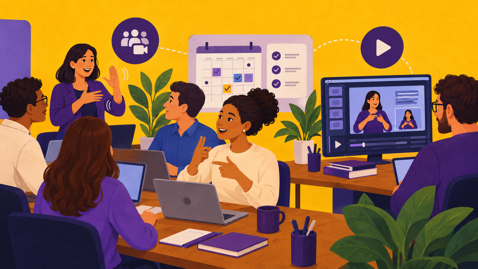 Ilustra&ccedil;&atilde;o de um ambiente corporativo inclusivo, com profissionais reunidos em torno de mesas e notebooks. &Agrave; esquerda, uma mulher sinaliza em Libras enquanto colegas acompanham a conversa; ao centro, outra profissional tamb&eacute;m sinaliza. &Agrave; direita, um monitor exibe a edi&ccedil;&atilde;o de um v&iacute;deo com uma pessoa sinalizando em Libras e recursos visuais de acessibilidade. Ao fundo, aparecem calend&aacute;rio, checklist e &iacute;cones relacionados a v&iacute;deo e comunica&ccedil;&atilde;o, em tons de amarelo, roxo, azul e laranja.