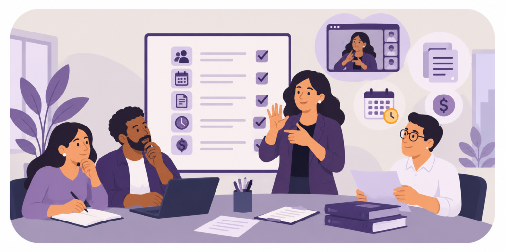 Ilustração de uma reunião corporativa sobre planejamento de serviços de Libras. Quatro profissionais analisam documentos, prazos e orçamento, enquanto uma mulher se comunica em língua de sinais. Ao fundo, um painel apresenta uma lista de verificação e uma tela mostra uma intérprete de Libras em reunião online.